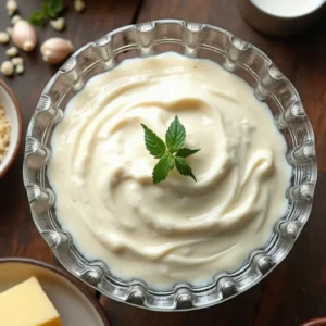 A creamy homemade Alfredo sauce in a white bowl, garnished with parsley.