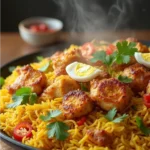 Chicken Biryani garnished with fresh herbs and fried onions