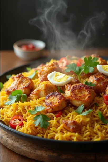 Chicken Biryani garnished with fresh herbs and fried onions