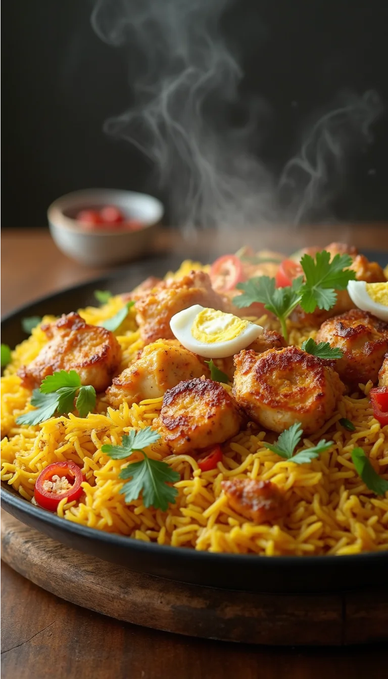 Chicken Biryani garnished with fresh herbs and fried onions