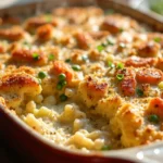 A creamy chicken casserole topped with melted cheese and crispy breadcrumbs.