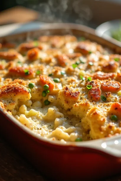 A creamy chicken casserole topped with melted cheese and crispy breadcrumbs.