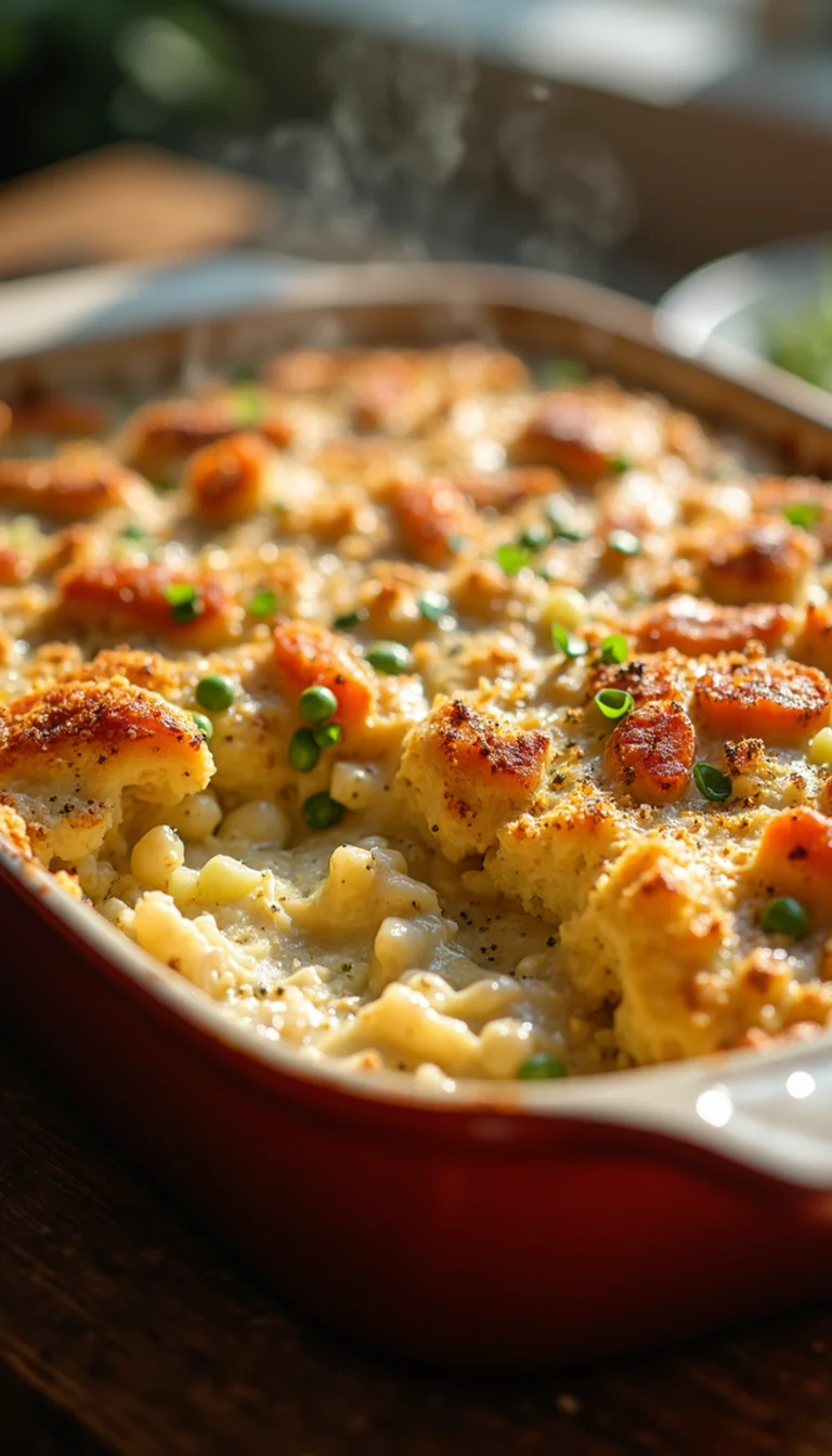 A creamy chicken casserole topped with melted cheese and crispy breadcrumbs.