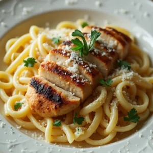 Creamy chicken pasta served in a bowl with Parmesan and parsley garnish.