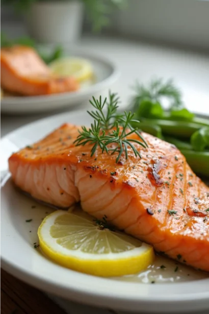 Perfectly baked salmon fillets topped with garlic herb butter sauce and lemon slices, served on a baking sheet