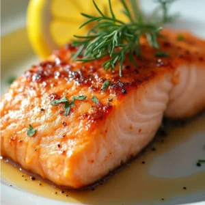 Perfectly baked salmon fillets topped with garlic herb butter sauce and lemon slices, served on a baking sheet