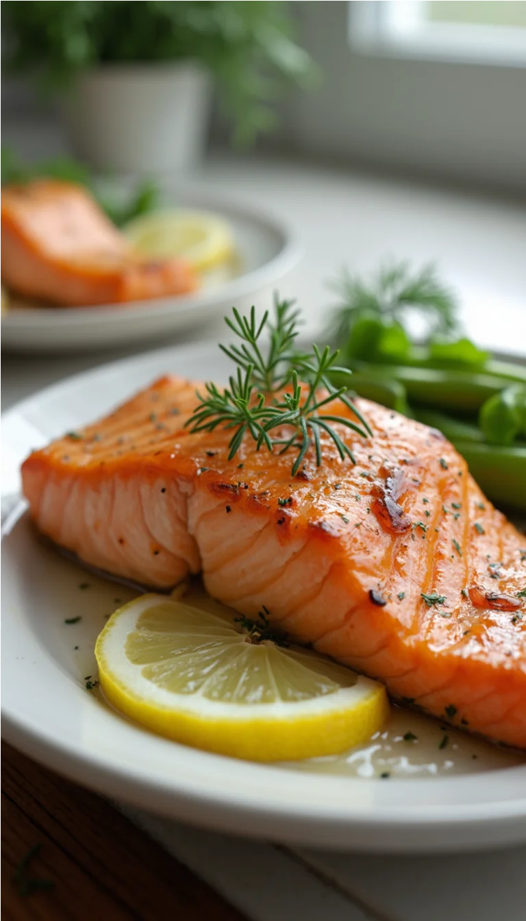 Perfectly baked salmon fillets topped with garlic herb butter sauce and lemon slices, served on a baking sheet