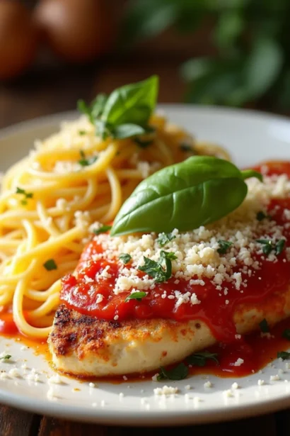 Crispy chicken parmesan topped with marinara sauce, mozzarella, and fresh basil.